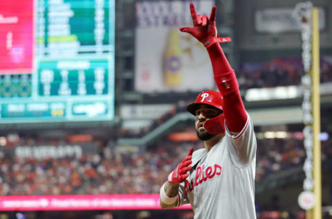 HOUSTON, TEXAS - OCTOBER 28: Nick Castellanos #8 of the Philadelphia Phillies celebrates after scoring a run in the fourth inning against the Houston Astros in Game One of the 2022 World Series at Minute Maid Park on October 28, 2022 in Houston, Texas. (Photo by Carmen Mandato/Getty Images)