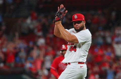 ST LOUIS, MO - JULY 11: Junior Fernandez #44 of the St. Louis Cardinals celebrates in the ninth inning after beating the Philadelphia Phillies at Busch Stadium on July 11, 2022 in St Louis, Missouri. (Photo by Dilip Vishwanat/Getty Images)