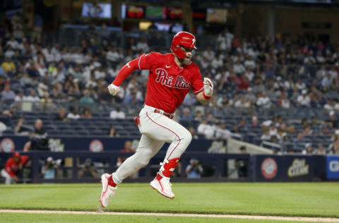 NEW YORK, NEW YORK - JULY 21: Bryce Harper #3 of the Philadelphia Phillies in action against the New York Yankees at Yankee Stadium on July 21, 2021 in New York City. The Yankees defeated the Phillies 6-5 in ten innings. (Photo by Jim McIsaac/Getty Images)