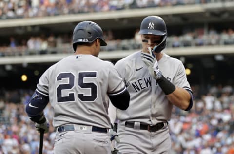 NEW YORK, NY - JULY 26: Aaron Judge #99 of the New York Yankees reacts after hitting a home run during the first inning against the New York Mets at Citi Field on July 26, 2022 in New York City. (Photo by Adam Hunger/Getty Images)