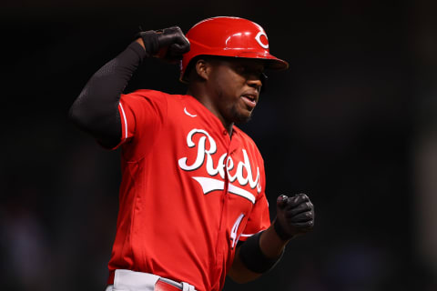 CHICAGO, ILLINOIS – SEPTEMBER 07: Aristides Aquino #44 of the Cincinnati Reds celerbates after hitting a home run against the Chicago Cubs at Wrigley Field on September 07, 2022 in Chicago, Illinois. (Photo by Michael Reaves/Getty Images)