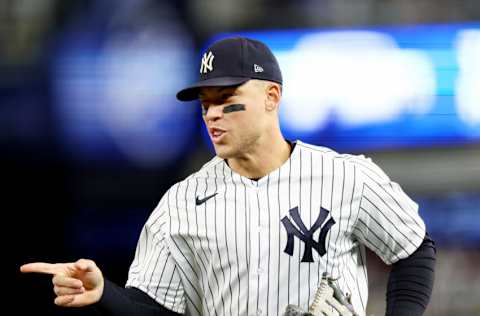 NEW YORK, NEW YORK - SEPTEMBER 30: Aaron Judge #99 of the New York Yankees reacts as he comes in from the outfield in the first inning against the Baltimore Orioles at Yankee Stadium on September 30, 2022 in the Bronx borough of New York City. (Photo by Elsa/Getty Images)