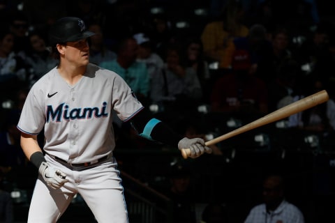 MILWAUKEE, WISCONSIN – OCTOBER 02: Brian Anderson #15 of the Miami Marlins up to bat against the Milwaukee Brewers at American Family Field on October 02, 2022 in Milwaukee, Wisconsin. (Photo by John Fisher/Getty Images)