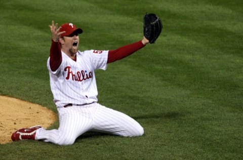 PHILADELPHIA - OCTOBER 29: Brad Lidge #54 of the Philadelphia Phillies celebrates the final out of their 4-3 win to win the World Series against the Tampa Bay Rays during the continuation of game five of the 2008 MLB World Series on October 29, 2008 at Citizens Bank Park in Philadelphia, Pennsylvania. (Photo by Jim McIsaac/Getty Images)