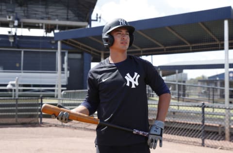 TAMPA, FL - MARCH 7: Anthony Volpe of the New York Yankees looks on during a spring training workout on March 7, 2022, at George M. Steinbrenner Field in Tampa, Florida. (Photo by New York Yankees/Getty Images)