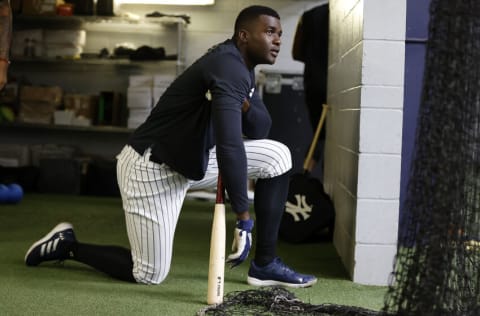 TAMPA, FL - MARCH 21: Estevan Florial #90 of the New York Yankees looks on during spring training on March 21, 2022, at George M. Steinbrenner Field in Tampa, Florida. (Photo by New York Yankees/Getty Images)