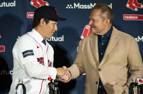 BOSTON, MA - DECEMBER 15: Agent Scott Boras introduces Masataka Yoshida #7 of the Boston Red Sox during a press conference announcing his contract agreement with the Boston Red Sox on December 15, 2022 at Fenway Park in Boston, Massachusetts. (Photo by Billie Weiss/Boston Red Sox/Getty Images)