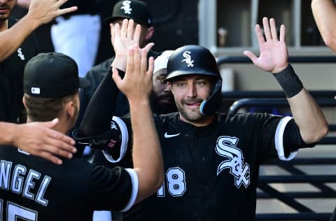 CHICAGO, ILLINOIS - JULY 29: AJ Pollock #18 of the Chicago White Sox celebrates in the dugout with teammates after scoring in the first inning against the Oakland Athletics at Guaranteed Rate Field on July 29, 2022 in Chicago, Illinois. (Photo by Quinn Harris/Getty Images)