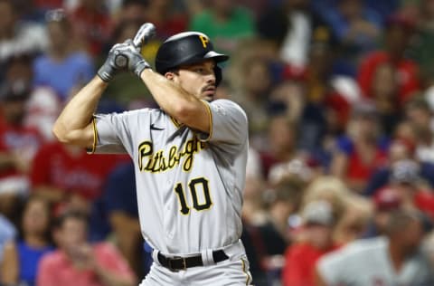 PHILADELPHIA, PA - AUGUST 26: Bryan Reynolds #10 of the Pittsburgh Pirates in action against the Philadelphia Phillies during a game at Citizens Bank Park on August 26, 2022 in Philadelphia, Pennsylvania. (Photo by Rich Schultz/Getty Images)