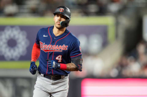 NEW YORK, NY - SEPTEMBER 07: Carlos Correa #4 of the Minnesota Twins runs after hitting a home run against the New York Yankees on September 7, 2022 at Yankee Stadium in New York, New York. (Photo by Brace Hemmelgarn/Minnesota Twins/Getty Images)