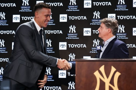 BRONX, NEW YORK - DECEMBER 21: Yankees principal owner Hal Steinbrenner greets Aaron Judge #99 of the New York Yankees during a press conference at Yankee Stadium on December 21, 2022 in Bronx, New York. (Photo by Dustin Satloff/Getty Images)