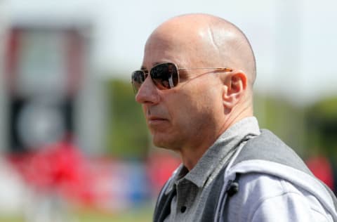 Mar 8, 2018; Tampa, FL, USA; New York Yankees general manager Brian Cashman prior to the game against the Philadelphia Phillies at George M. Steinbrenner Field. Mandatory Credit: Kim Klement-USA TODAY Sports