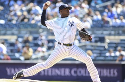 Apr 22, 2018; Bronx, NY, USA; New York Yankees pitcher Luis Severino (40) pitches against the Toronto Blue Jays in the first inning at Yankee Stadium. Mandatory Credit: Wendell Cruz-USA TODAY Sports