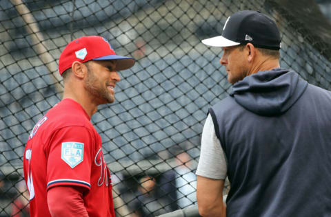 Feb 26, 2019; Tampa, FL, USA; Philadelphia Phillies manager Gabe Kapler (19) and New York Yankees manager Aaron Boone (17) talk prior to the game at George M. Steinbrenner Field. Mandatory Credit: Kim Klement-USA TODAY Sports