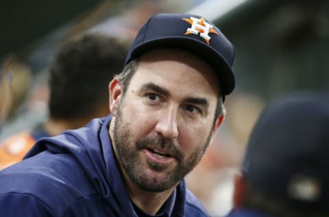 Aug 2, 2019; Houston, TX, USA; Houston Astros starting pitcher Justin Verlander (35) talks in the dugout during the second inning against the Seattle Mariners at Minute Maid Park. Mandatory Credit: Troy Taormina-USA TODAY Sports