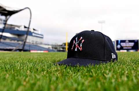 Feb 14, 2020; Tampa, Florida, USA; A New York Yankees hat is seen during a spring training workout at George M. Steinbrenner Field. Mandatory Credit: Jonathan Dyer-USA TODAY Sports