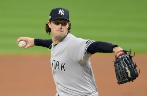 Sep 29, 2020; Cleveland, Ohio, USA; New York Yankees starting pitcher Gerrit Cole (45) delivers against the Cleveland Indians in the first inning at Progressive Field. Mandatory Credit: David Richard-USA TODAY Sports