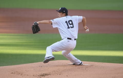 New York Yankees starting pitcher Masahiro Tanaka (19); Mandatory Credit: Orlando Ramirez-USA TODAY Sports