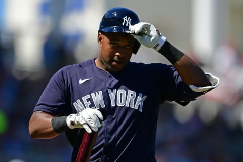 Feb 29, 2020; Fort Myers, Florida, USA; New York Yankees designated hitter Chris Gittens (92) reacts after striking out int he third inning against the Boston Red Sox at JetBlue Park. Mandatory Credit: David Dermer-USA TODAY Sports