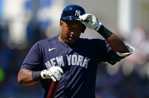 Feb 29, 2020; Fort Myers, Florida, USA; New York Yankees designated hitter Chris Gittens (92) reacts after striking out int he third inning against the Boston Red Sox at JetBlue Park. Mandatory Credit: David Dermer-USA TODAY Sports