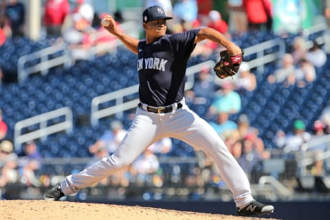 Mar 12, 2020; West Palm Beach, Florida, USA; New York Yankees relief pitcher Albert Abreu (84) delivers pitch against the Washington Nationals in the ninth inning at FITTEAM Ballpark of the Palm Beaches. Mandatory Credit: Sam Navarro-USA TODAY Sports