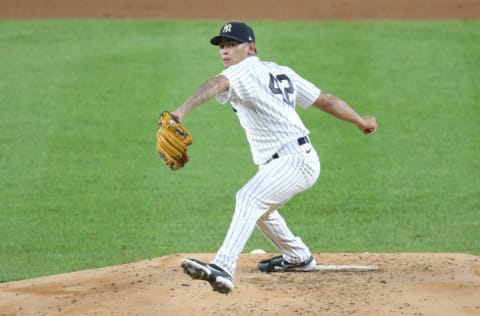 Aug 28, 2020; Bronx, New York, USA; New York Yankees starting pitcher Jonathan Loaisiga (43) pitches against the New York Mets during the second inning of the second game of a double header at Yankee Stadium. Mandatory Credit: Brad Penner-USA TODAY Sports