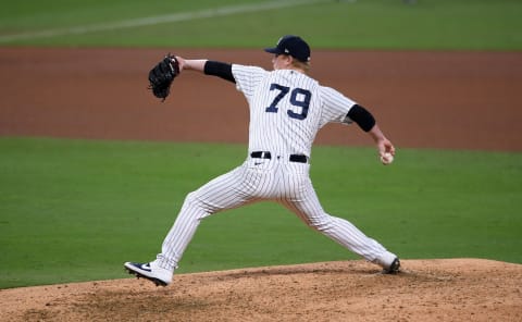 Oct 7, 2020; San Diego, California, USA; New York Yankees starting pitcher Nick Nelson (79) pitches against the Tampa Bay Rays in the seventh inning during game three of the 2020 ALDS at Petco Park. Mandatory Credit: Orlando Ramirez-USA TODAY Sports