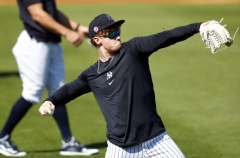 Feb 23, 2021; Tampa, Florida, USA;New York Yankees left fielder Clint Frazier (77) during spring training practice at George M. Steinbrenner Field. Mandatory Credit: Kim Klement-USA TODAY Sports