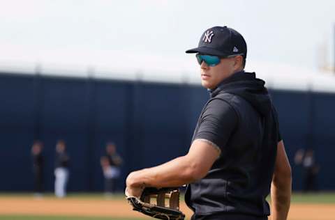 Feb 25, 2021; Tampa, Florida, USA; New York Yankees third baseman Gio Urshela (29) works out during spring training at the Yankees player development complex. Mandatory Credit: Kim Klement-USA TODAY Sports