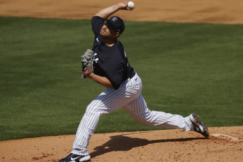 Feb 25, 2021; Tampa, Florida, USA; New York Yankees pitch Jhoulys Chacin (38) throws a pitch doing a simulated game at George M. Steinbrenner Field. Mandatory Credit: Kim Klement-USA TODAY Sports