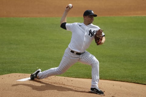 Feb 28, 2021; Tampa, Florida, USA; New York Yankees starting pitcher Michael King (73) throws a pitch against the Toronto Blue Jays during the first inning at George M. Steinbrenner Field. Mandatory Credit: Kim Klement-USA TODAY Sports