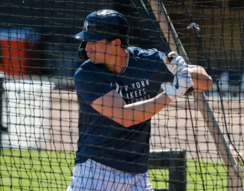 Feb 27, 2021; Tampa, Florida, USA; New York Yankees shortstop Tyler Wade (14) takes batting practice during spring training at George M. Steinbrenner field Mandatory Credit: Nathan Ray Seebeck-USA TODAY Sports