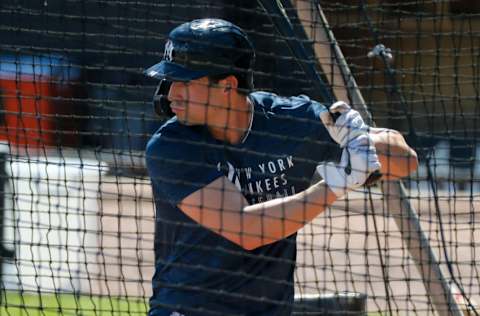 Feb 27, 2021; Tampa, Florida, USA; New York Yankees shortstop Tyler Wade (14) takes batting practice during spring training at George M. Steinbrenner field Mandatory Credit: Nathan Ray Seebeck-USA TODAY Sports