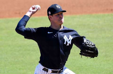 Mar 13, 2021; Tampa, Florida, USA; New York Yankees pitcher Corey Kluber (28) throws a pitch in the first inning against the Pittsburgh Pirates during spring training at George M. Steinbrenner Field. Mandatory Credit: Jonathan Dyer-USA TODAY Sports