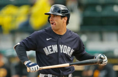 Mar 6, 2021; Bradenton, Florida, USA; New York Yankees center fielder Mike Tauchman (39) at bat during spring training at LECOM Park. Mandatory Credit: Nathan Ray Seebeck-USA TODAY Sports