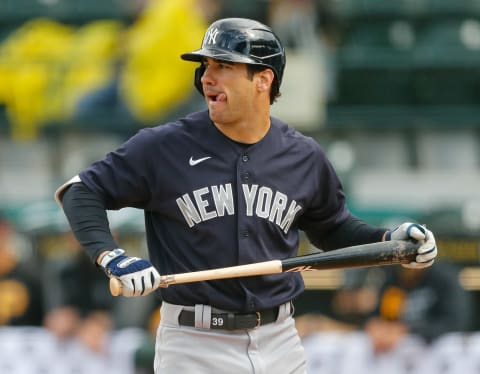 Mar 6, 2021; Bradenton, Florida, USA; New York Yankees center fielder Mike Tauchman (39) at bat during spring training at LECOM Park. Mandatory Credit: Nathan Ray Seebeck-USA TODAY Sports