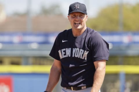 Mar 14, 2021; Dunedin, Florida, USA; New York Yankees outfielder Jay Bruce (30) reacts during the fourth inning against the Toronto Blue Jays at TD Ballpark. Mandatory Credit: Kim Klement-USA TODAY Sports