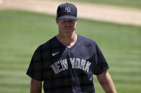 Mar 23, 2021; Lakeland, Florida, USA; New York Yankees starting pitcher Corey Kluber (28) looks on against the Detroit Tigers at Publix Field at Joker Marchant Stadium. Mandatory Credit: Kim Klement-USA TODAY Sports