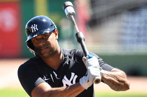 Mar 11, 2021; Clearwater, Florida, USA; New York Yankees outfielder Aaron Hicks (31) prepares to take batting practice before the game against the Philadelphia Phillies during spring training at BayCare Ballpark. Mandatory Credit: Jonathan Dyer-USA TODAY Sports