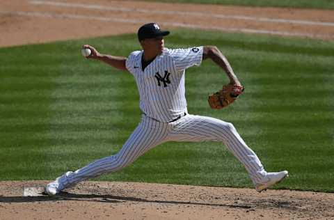 Apr 1, 2021; Bronx, New York, USA; New York Yankees relief pitcher Jonathan Loaisiga (43) pitches against the Toronto Blue Jays during the eighth inning of an opening day game at Yankee Stadium. Mandatory Credit: Brad Penner-USA TODAY Sports