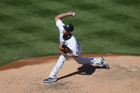 Apr 3, 2021; Bronx, New York, USA; New York Yankees starting pitcher Jonathan Loaisiga (43) pitches against the Toronto Blue Jays during the sixth inning at Yankee Stadium. Mandatory Credit: Brad Penner-USA TODAY Sports