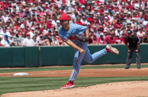 Jun 10, 2019; Fayetteville, AR, USA; Mississippi Rebels pitcher Gunnar Hoglund (17) throws a pitch during the game against the Arkansas Razorbacks at Baum-Walker Stadium. Mandatory Credit: Brett Rojo-USA TODAY Sports