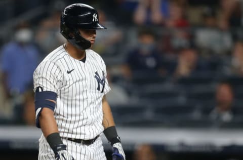 Jun 6, 2021; Bronx, New York, USA; New York Yankees second baseman Rougned Odor (18) reacts after being called out on strikes to end the ninth inning against the Boston Red Sox at Yankee Stadium. Mandatory Credit: Brad Penner-USA TODAY Sports