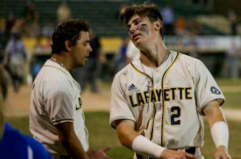 Lafayette Aviators third baseman Trey Sweeney (2) reacts after the ninth inning of a prospect league baseball game, Tuesday, Aug. 6, 2019 at Loeb Stadium in Lafayette. The Champion City Kings won, 12-11 in 10 innings. Final Aviators Game At Loeb Stadium