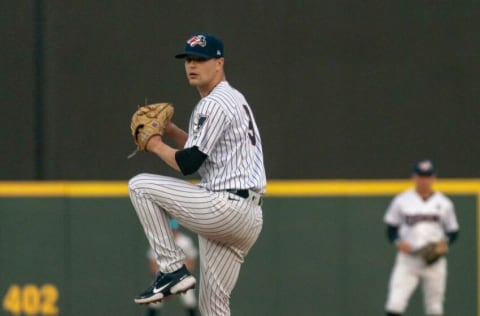 Somerset Patriots starting pitcher Janson Junk winds up against the Harrisburg Senators on Friday, May 7, 2021 at TD Bank Ballpark.
Janson Junk