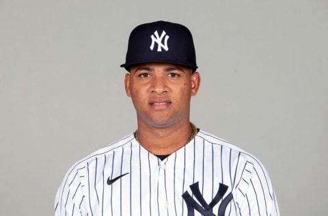 Mar 1, 2021; Tampa, FL, USA; New York Yankees Luis Gil (81) poses during media day at Steinbrenner Field. Mandatory Credit: MLB Photos via USA Today Sports