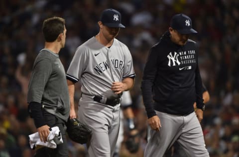 Jun 25, 2021; Boston, Massachusetts, USA; New York Yankees relief pitcher Zack Britton (53) walks off the field after an apparent injury during the eighth inning against the Boston Red Sox at Fenway Park. Mandatory Credit: Bob DeChiara-USA TODAY Sports