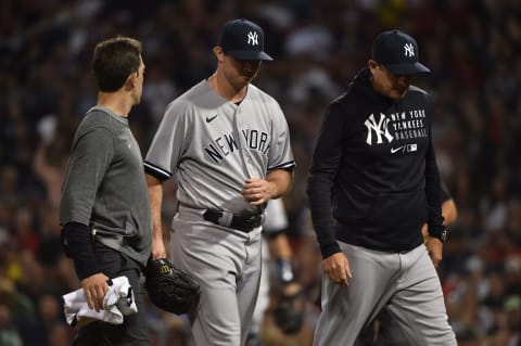 Jun 25, 2021; Boston, Massachusetts, USA; New York Yankees relief pitcher Zack Britton (53) walks off the field after an apparent injury during the eighth inning against the Boston Red Sox at Fenway Park. Mandatory Credit: Bob DeChiara-USA TODAY Sports