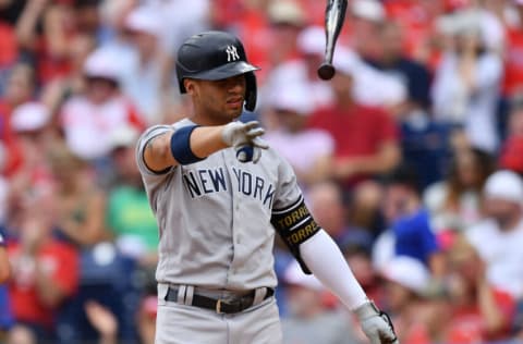 Jun 13, 2021; Philadelphia, Pennsylvania, USA; New York Yankees shortstop Gleyber Torres (25) tosses his bat after striking out in the sixth inning against the Philadelphia Phillies at Citizens Bank Park. Mandatory Credit: Kyle Ross-USA TODAY Sports