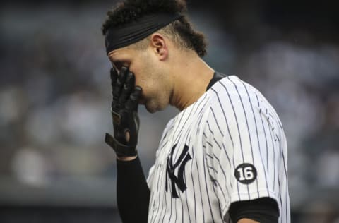 Sep 5, 2021; Bronx, New York, USA; New York Yankees catcher Gary Sanchez (24) walks back to the dugout after grounding out in the eighth inning against the Baltimore Orioles at Yankee Stadium. Mandatory Credit: Wendell Cruz-USA TODAY Sports